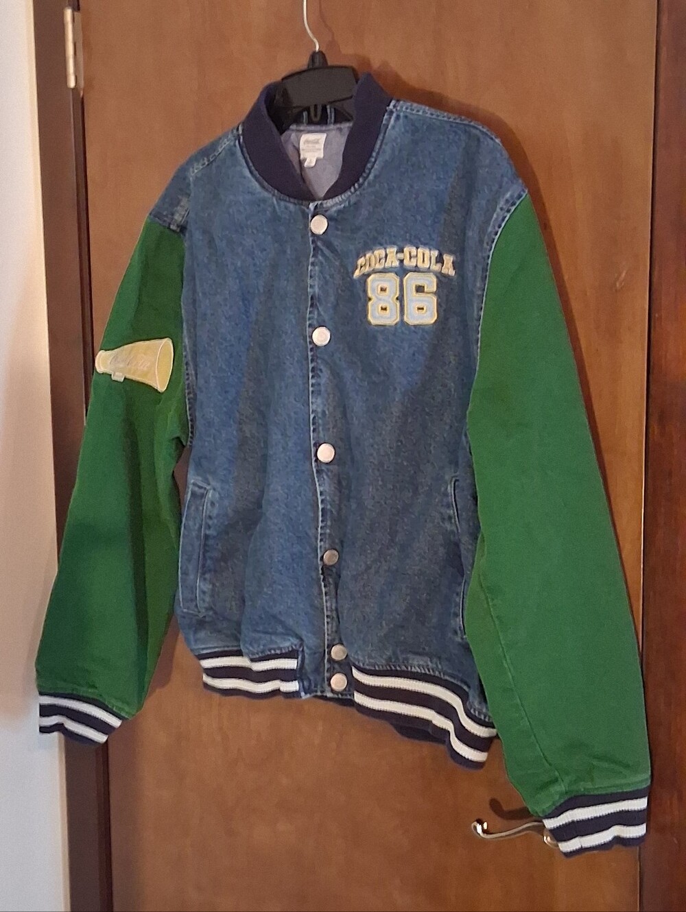 Coca-Cola Denim Varsity Jacket Mens L Green Blue Embroidered Snap Bomber